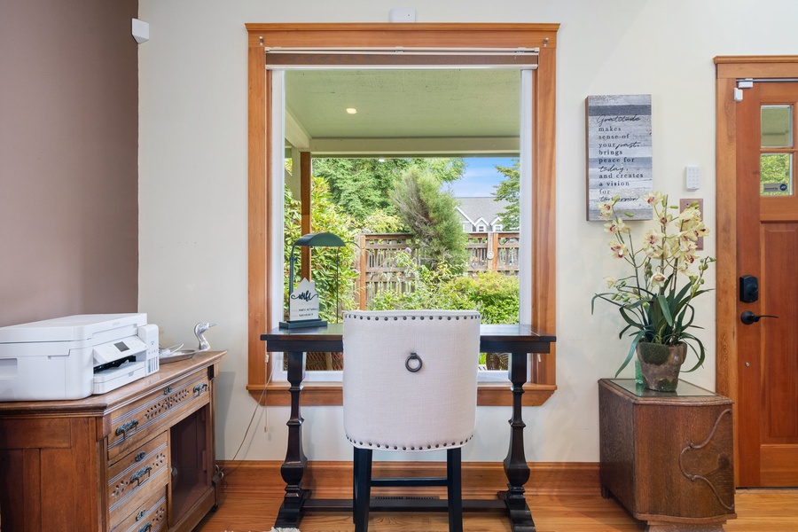 Quiet study corner with inspiring views, offering a serene space for reading or remote work.