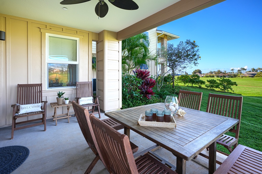 Beautiful outdoor dining on the lanai overlooking the golf course.