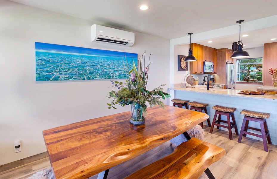 Gather around the rustic wooden dining table, perfect for family meals or lively conversations.