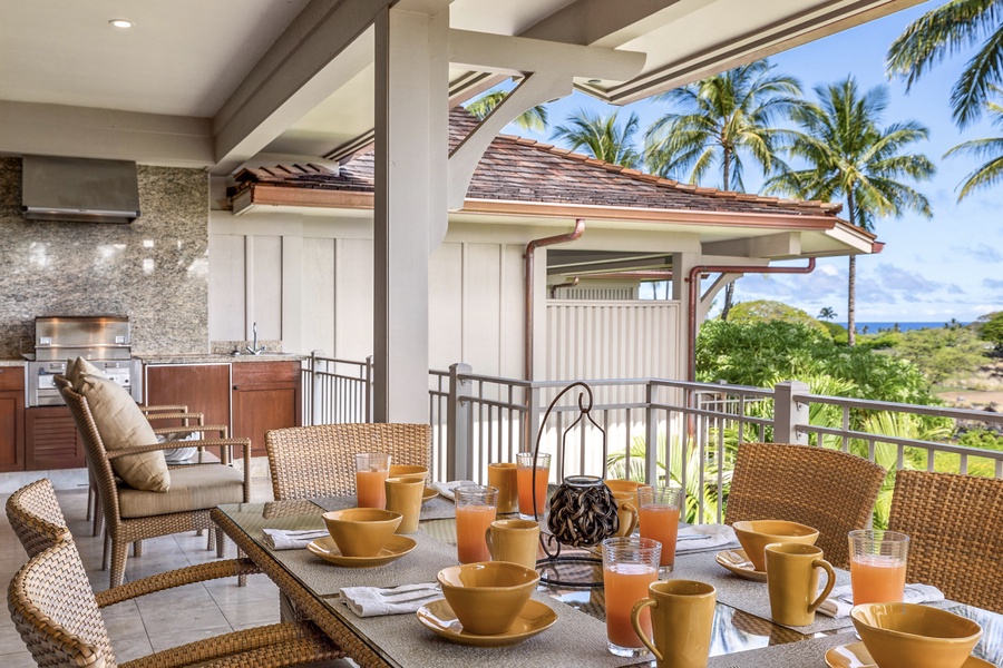 Year round ocean and sunset views from the main lanai with dining table for six, lounge chairs and BBQ grill.