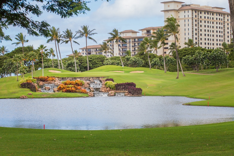 A panoramic view of the golf course and resort.