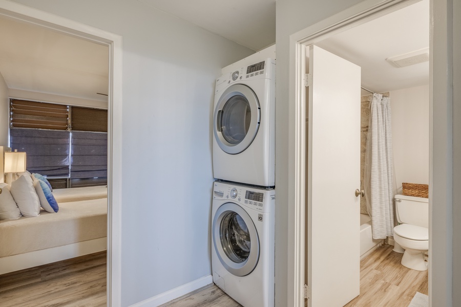 An in-unit laundry area with washer/dryer is an added convenience.