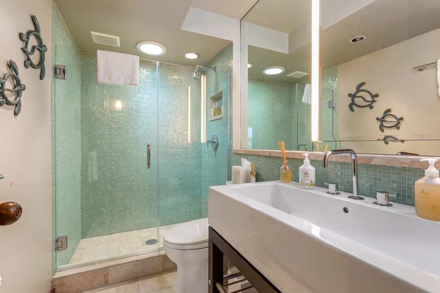 Second Bathroom w/Wide & Deep Sink, Walk-in Shower & Beautiful Tiling.