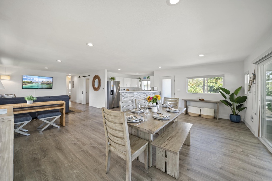 The formal dining area upstairs opens up to the living area and kitchen