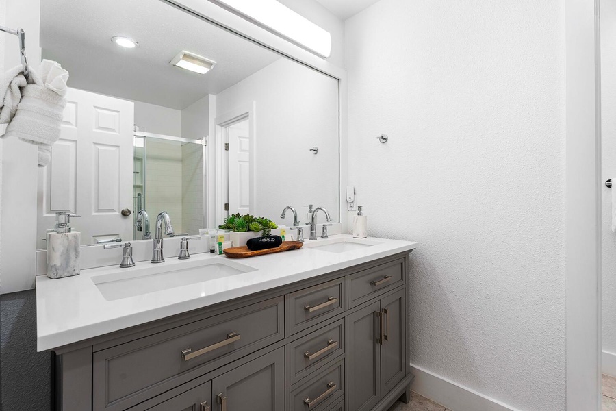 Primary bathroom with dual sink vanity.