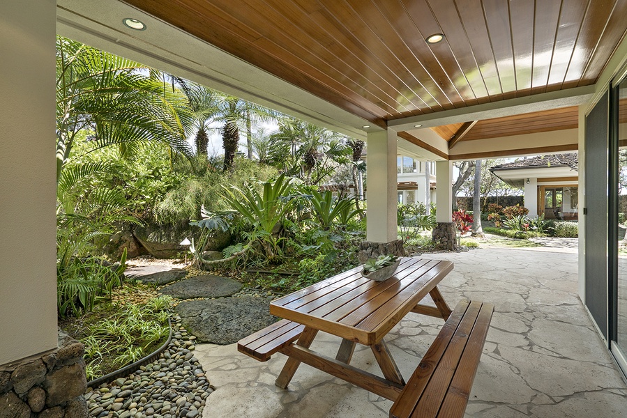 Outdoor seating just around the corner from Outdoor BBQ kitchen area.