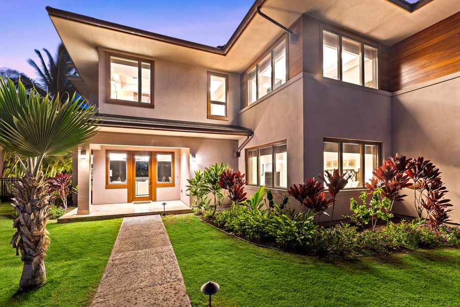 Twilight entry path leads to your serene luxury retreat.