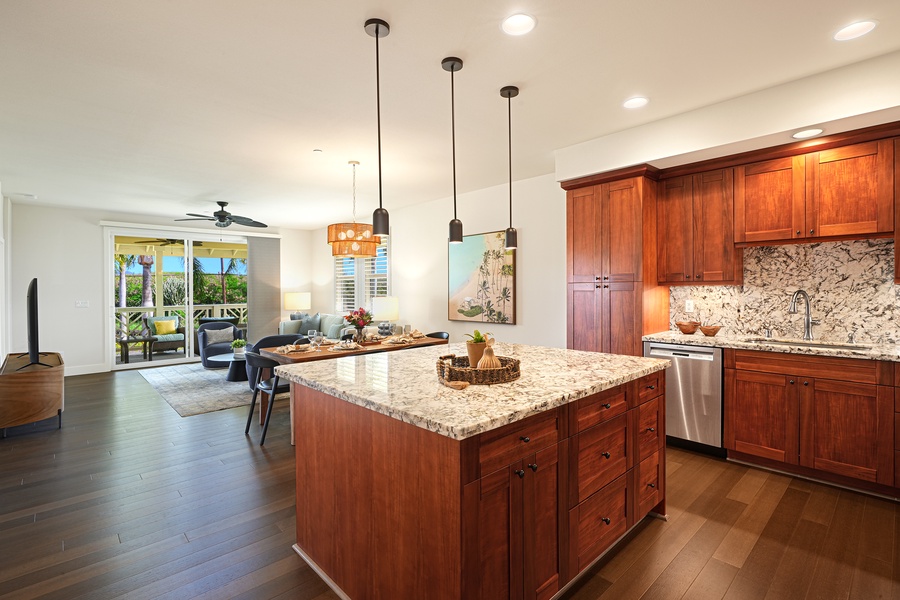 Sleek modern kitchen with granite countertops, perfect for entertaining guests.