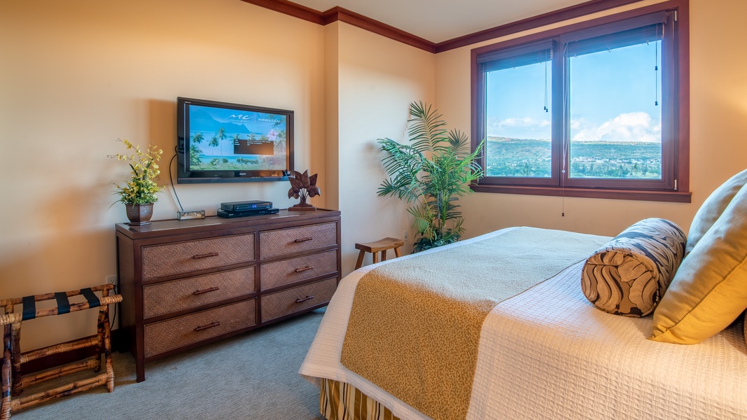Relax in a spacious primary guest bedroom with a TV and views.