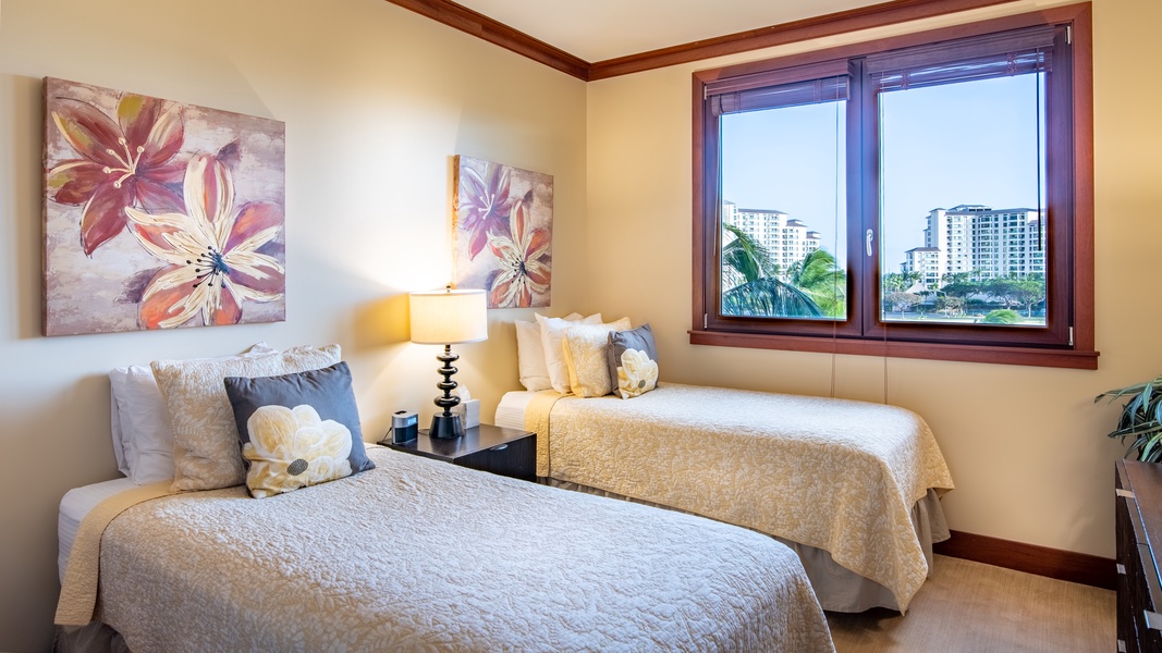 The second guest bedroom with twin beds and lovely views.