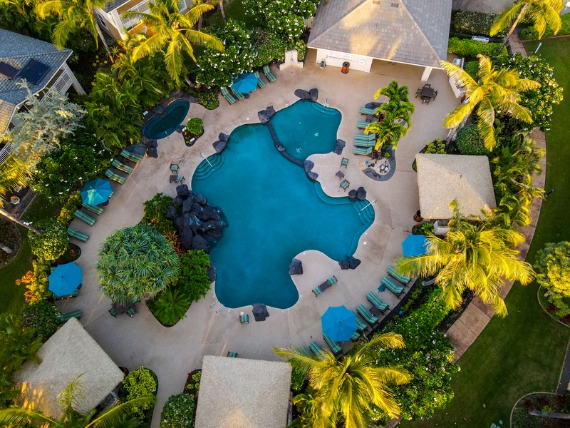 An aerial view of the community pool, cabana and loungers.