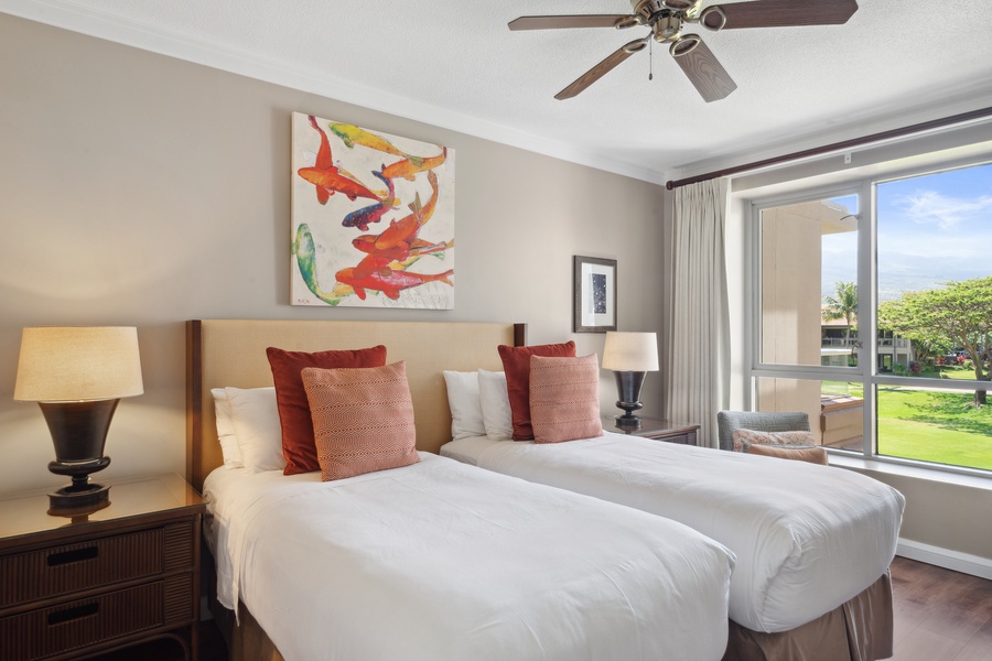 The guest room at Honua Kai Konea 204 opens to stunning views and peaceful Maui mornings.
