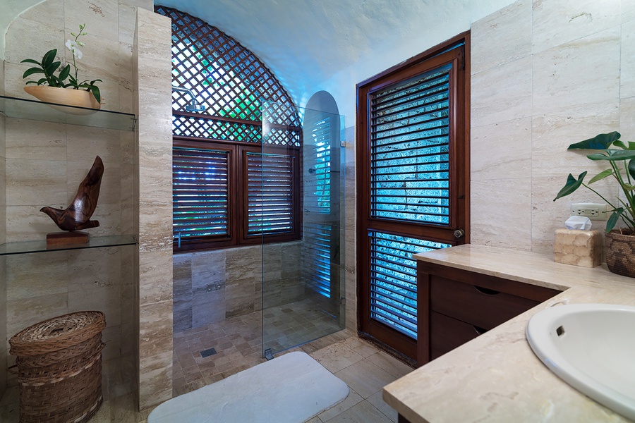 Primary ensuite bathroom features a sink, vanity and walk-in shower.