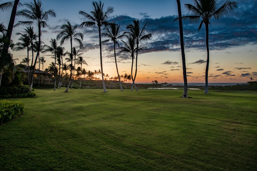 Golf course view from your lanai at sunset.