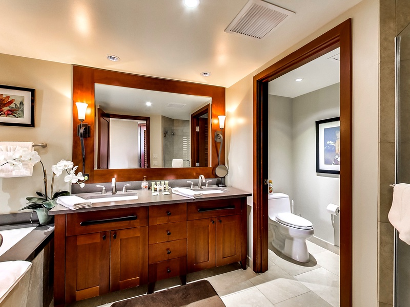 The primary guest bathroom double vanity with ample lighting.