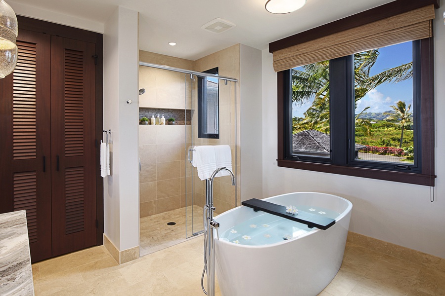 Primary bathroom soaking tub and walk-in shower