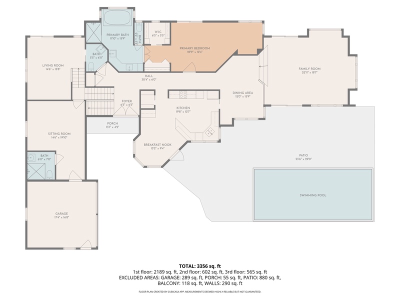 Detailed floor plan showcasing spacious layout with primary bedroom, family room, kitchen, dining area, pool, and lanai for your perfect getaway.