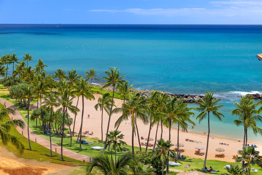 Tropical paradise awaits with pristine sandy beach, swaying palms, and crystal-clear turquoise waters perfect for your island getaway.