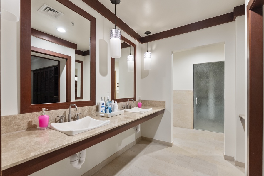 Rinse off and change at the locker-room vanity before heading back up.