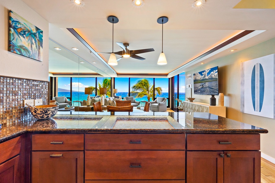 Open-concept kitchen with a stunning ocean view.