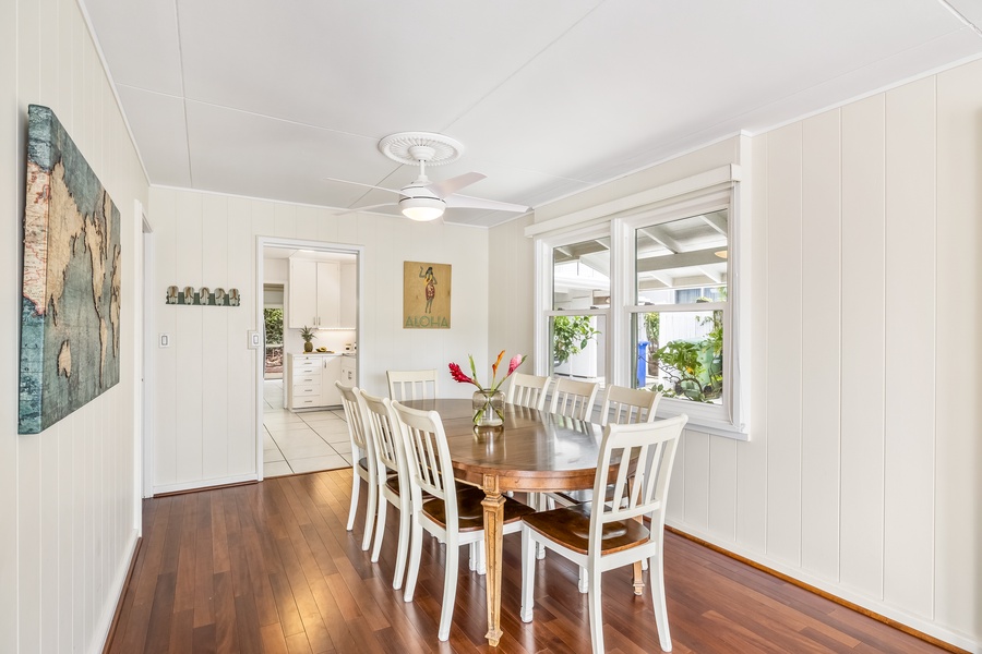 The dining room has table for eight.