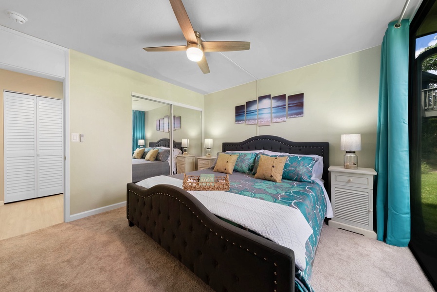 Equipped with a ceiling fan and window A/C unit to keep you comfortable