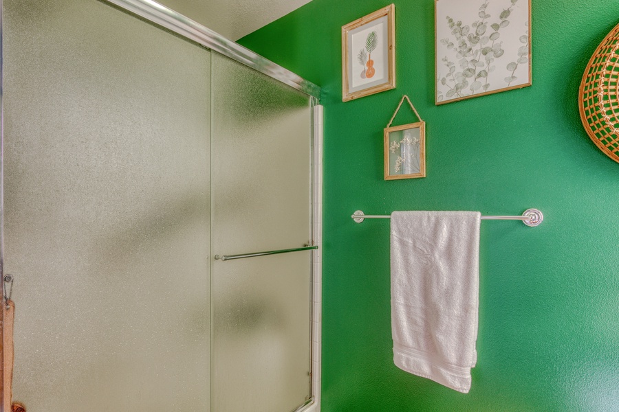 Walk-in shower with sliding doors
