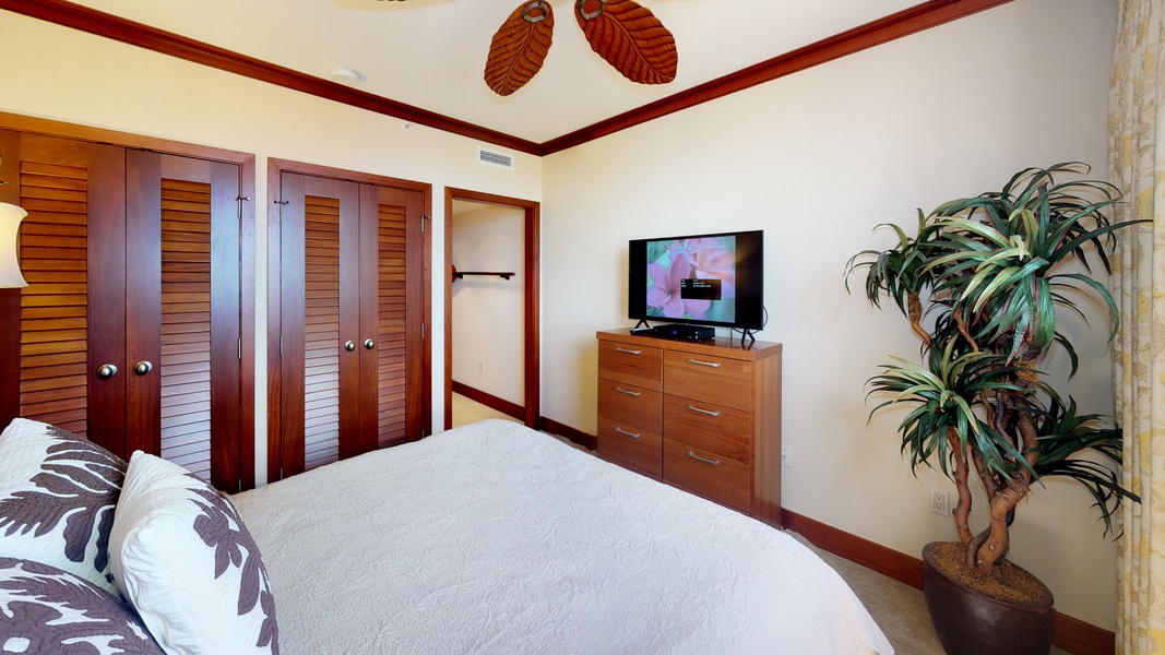 The second guest bedroom features storage, ceiling fan, and a TV.