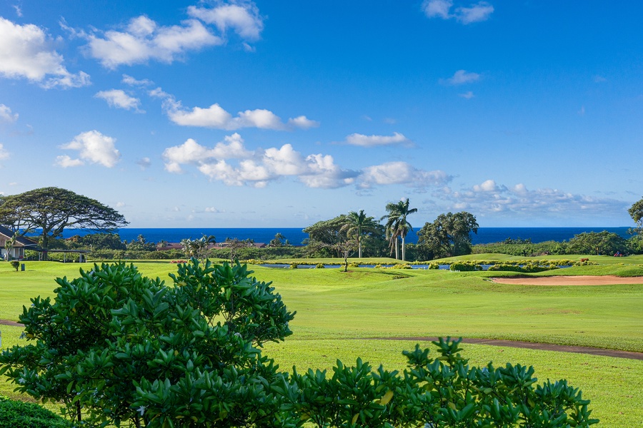 Lush golf greens with ocean views, a golfer's delight in a tropical setting.