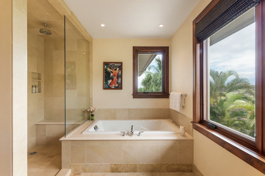 Upstairs Primary Ensuite Bath w/ Glass Shower, Luxurious Soaking Tub & Picture Window.