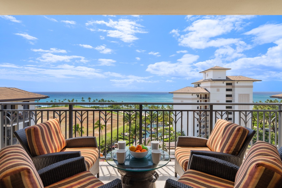 Beautiful lanai with patio seating and table, and perfect Pacific views.
