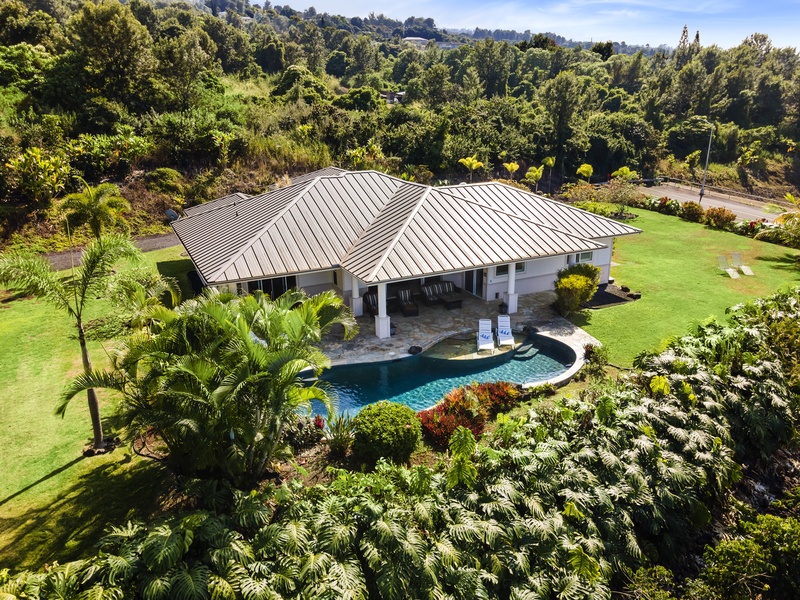 Aerial view of the home and pool!