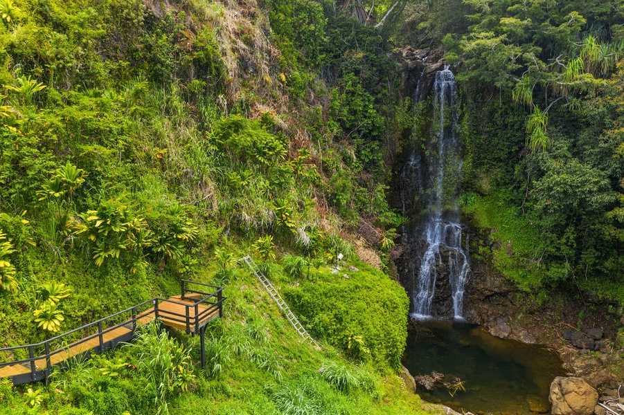 Discover the estate’s private waterfall from the deck, a hidden gem in paradise.