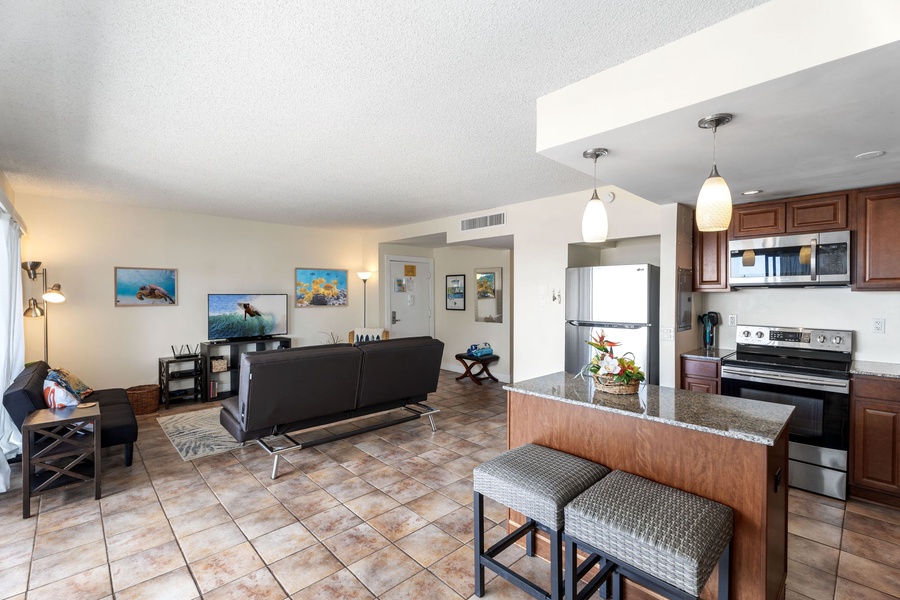 The airy great room offers a seamless blend of functionality and relaxation.