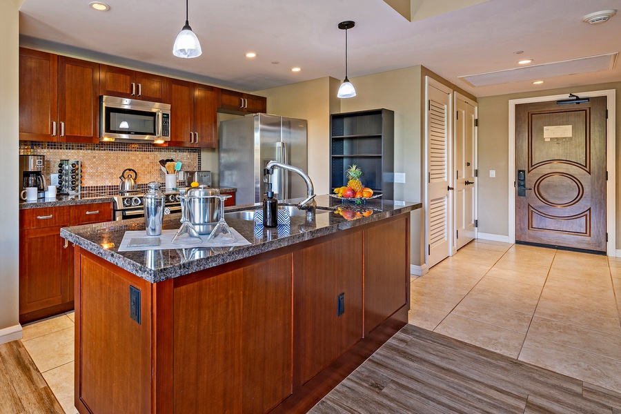 This kitchen boasts a contemporary design and a spacious layout.