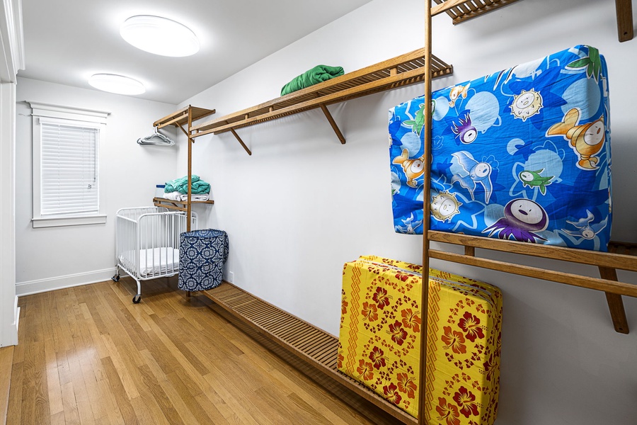 Spacious walk-in closet in the primary suite offers custom storage solutions.