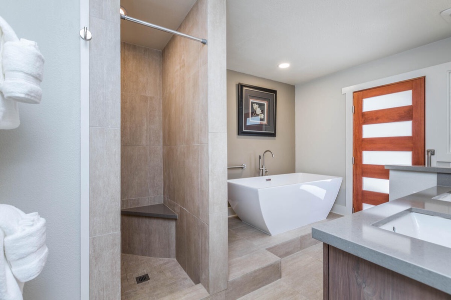 Walk-in shower and soaking tub.