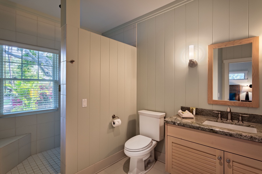 Ohana Guest Cottage Ensuite Bath with Spacious Tiled Shower w/ Two Shower Heads