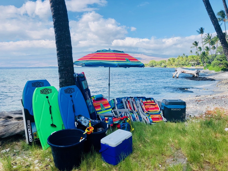 This property comes with a generous supply of beach amenities including snorkel gear, backpack beach chairs, umbrellas, boogie boards, coolers, snorkel gear for kids and adults!