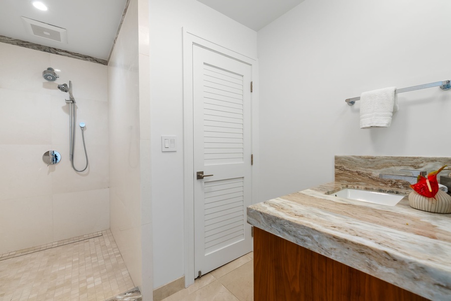 Spacious ensuite bath featuring a walk-in shower, WC, and convenient amenities for a comfortable stay.