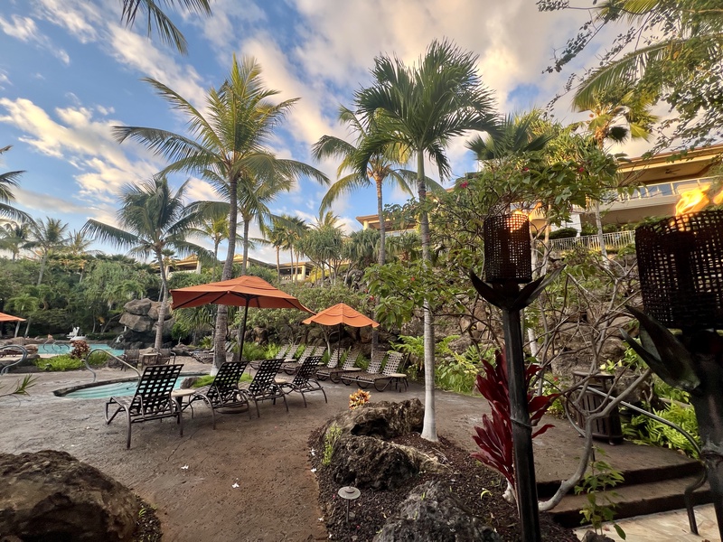 The resort style pool at Ho'olei is stellar with its waterfalls, romantic grotto and tiki torches, dual jacuzzi areas, sandy beach pool for the little ones.