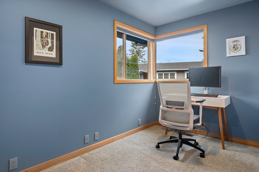 Need to plug in? This bright, dedicated office space lets you stay connected with a view.