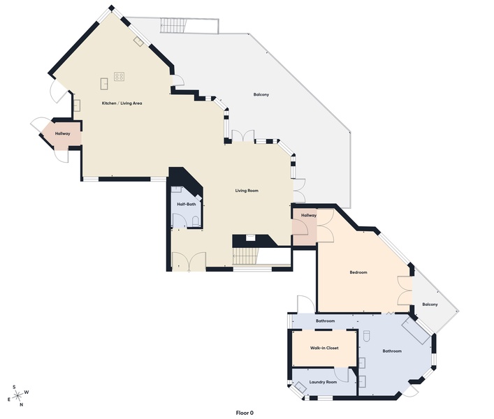 Detailed floor plan showcasing your spacious rental with kitchen, living areas, bedroom, bathrooms, and dual balconies.