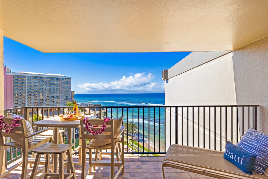 Sip coffee or cocktails on Kaanapali Shores 903’s lanai with beautiful ocean views.