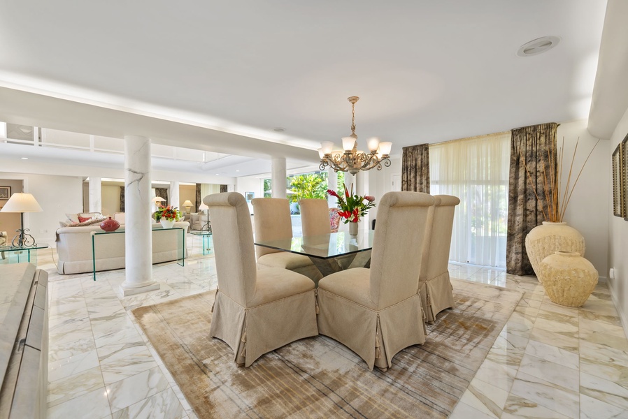 Bright dining area with a chic decor and modern touches, perfect for meals with family and friends.