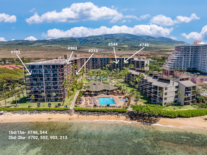Aerial view of Kaanapali Shores Resort and all Stice Team-managed units.