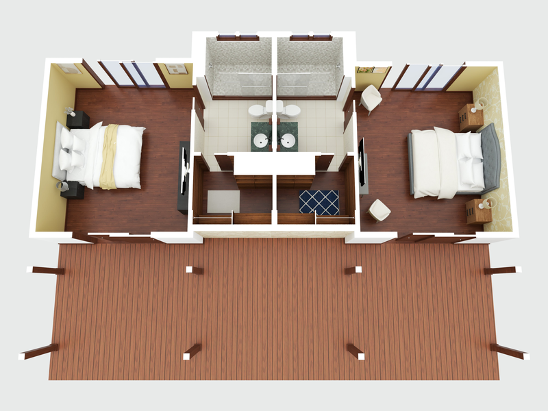 3D layout of a guest wing featuring twin beds, ideal for family or group travel.