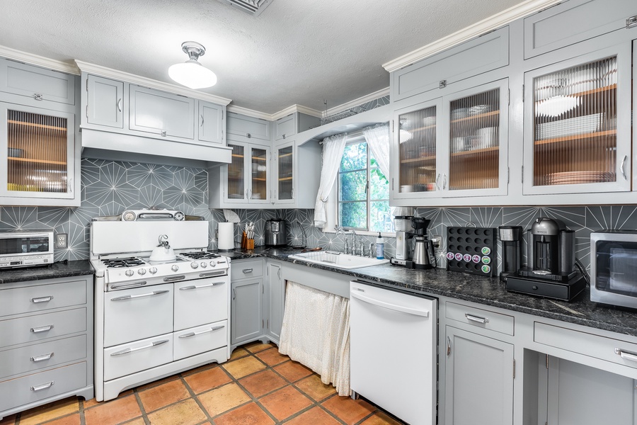 Wide countertops and storage cabinets.