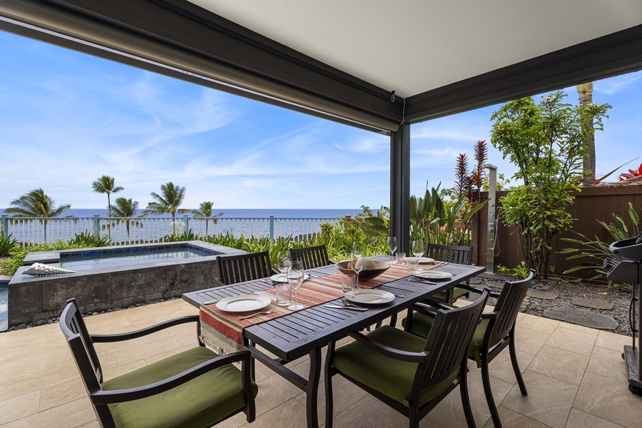 Outdoor dining with the ocean on the horizon