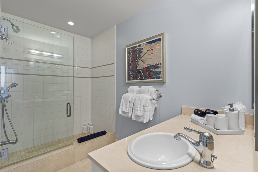 Refresh in the sleek bathroom at Wailea Luxury Residence Hoolei 23-3 with a walk-in shower.
